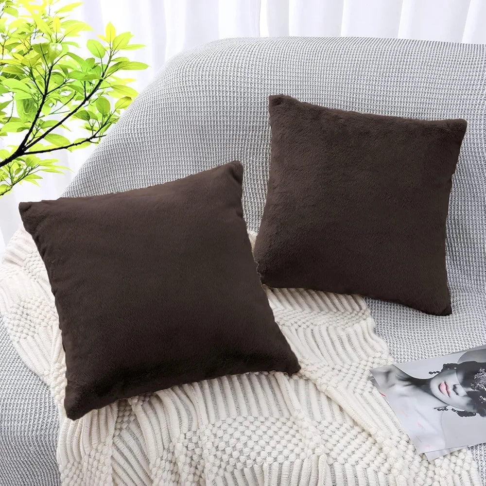 Luxe Home Cushion Cover Duble Side Rabbit Fur Plain Design Covers Set of 2 for Sofa Colour Chocolate