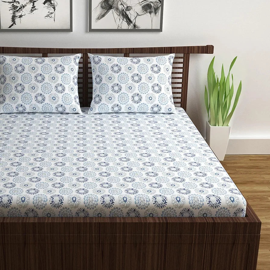Divine Casa 144 TC 100% Cotton Bedsheet for Double Bed with 2 Pillow Cover Colour Soft Blue