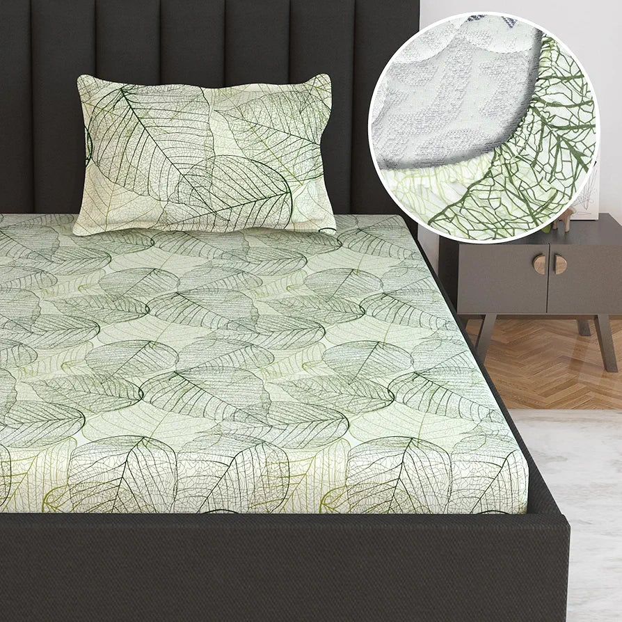 Divine Casa 100% Cotton Fitted Bedsheet Set for Single Bed Floral Print 144 TC Includes 1 Bedsheet & 1 Pillow Cover Colour Garden Green