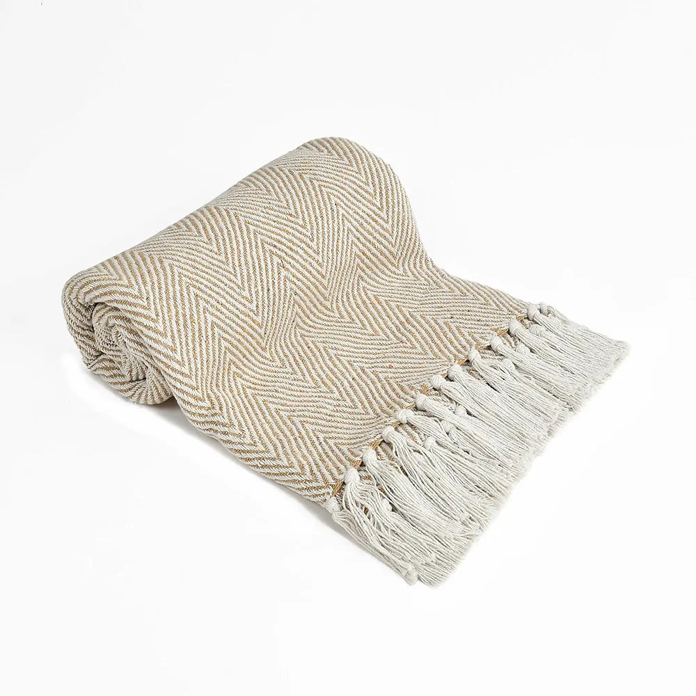 Sashaa World Cotton Spring Hued Chevron Throw Blanket Colour Light Beige