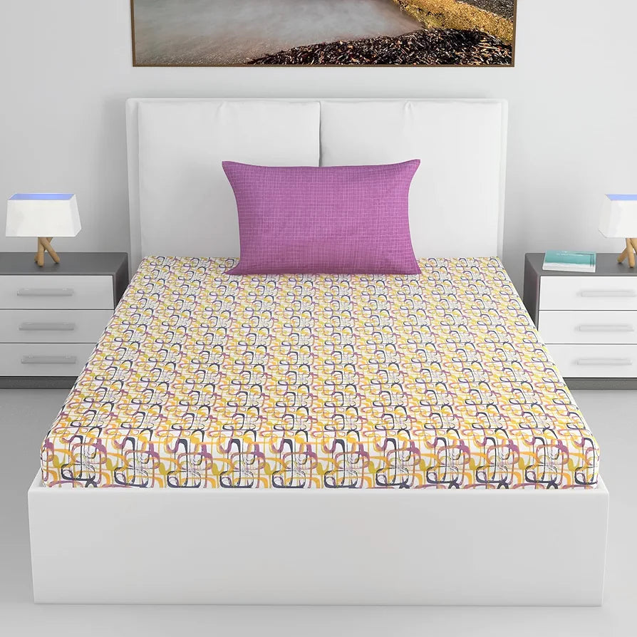 Divine Casa 144 TC 100% Pure Cotton Single Bed Bedsheet with 1 Pillow Cover Wavy Pattern Colour Charcoal Yellow