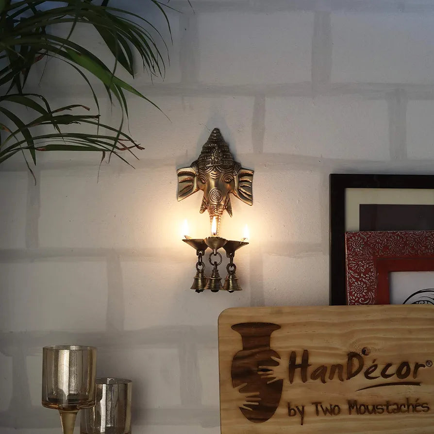Two Moustaches Brass Ganesha Wall Hanging Diya with Bells