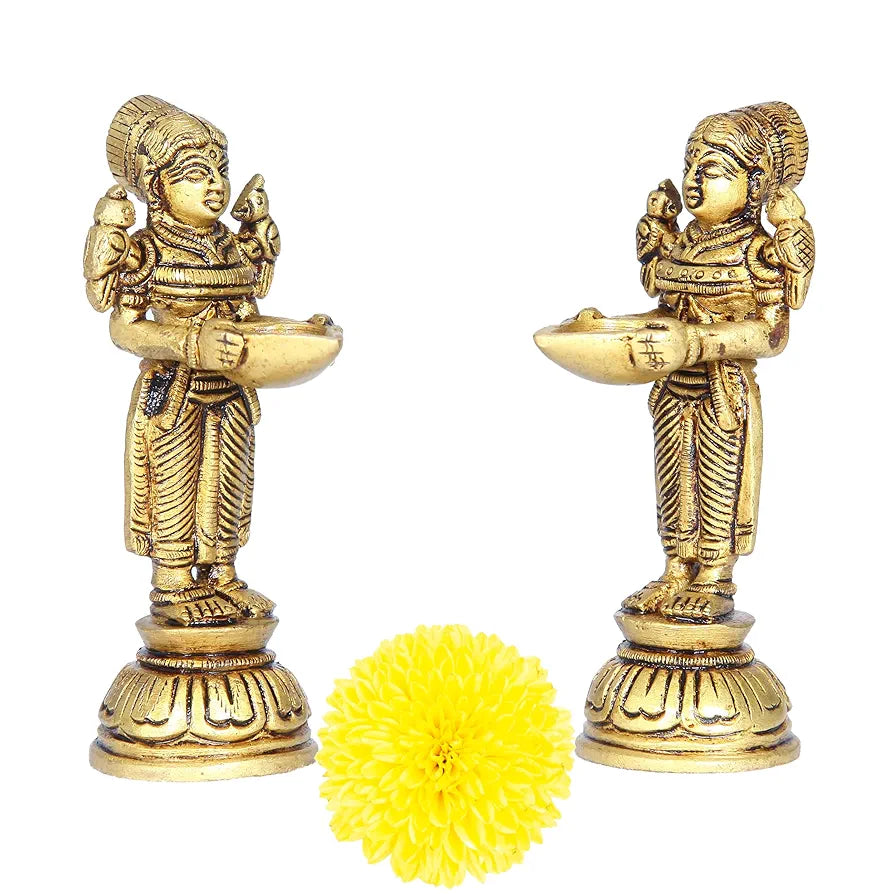 anciently Paavai Vilakku in Brass | Pavai Vilakku Pair Brass | Deep Lakshmi Pair Brass, Gold Colour, 2 Pieces 