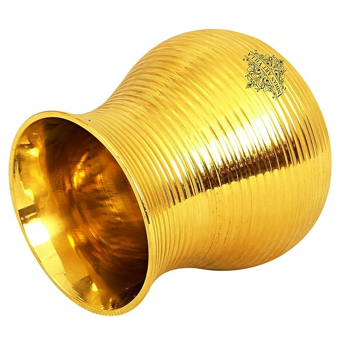 Indian Art Villa Pure Brass Glass Tumbler With Curved Lining Design - 258 gms