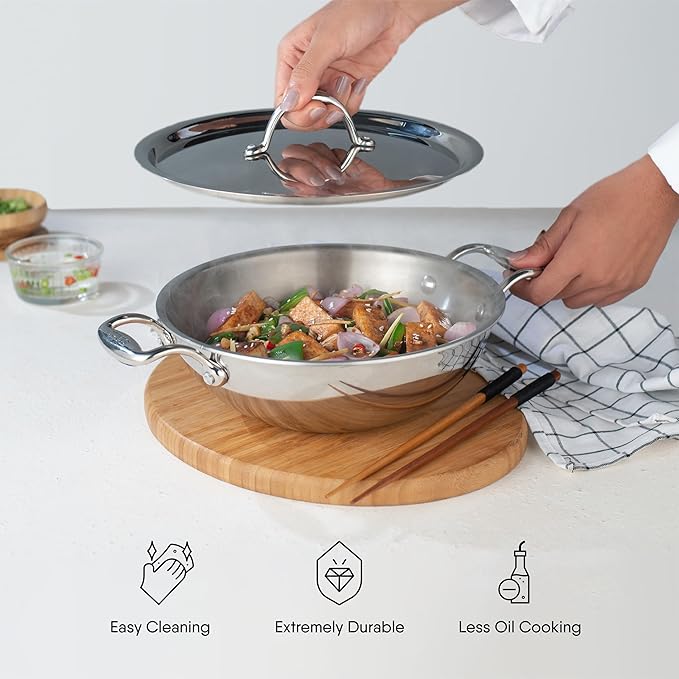 Stahl Artisan Triply Stainless Steel Kadhai With Lid, Kadai for Cooking | Induction & Gas Stove Compatible | 5.1 L | 30 Cm