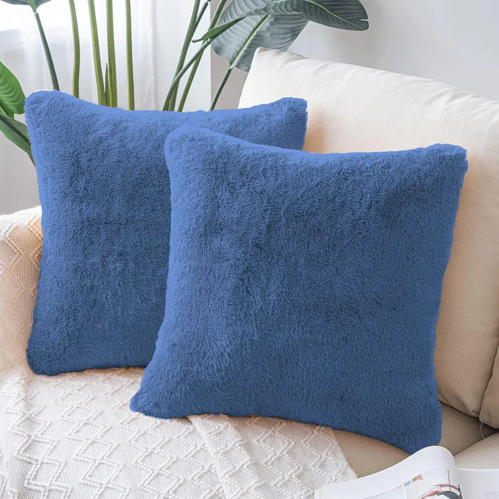 Luxe Home Cushion Cover Duble Side Rabbit Fur Plain Design Covers Set of 2 for Sofa Colour Blue