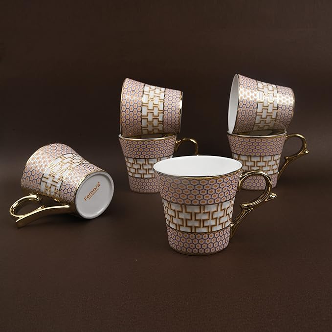 Femora Honey Comb on Golden Mugs, Ceramic Tea Cups, Coffee Mugs | 160 Ml | Golden | 6 Pieces Set | Not Microwave Safe