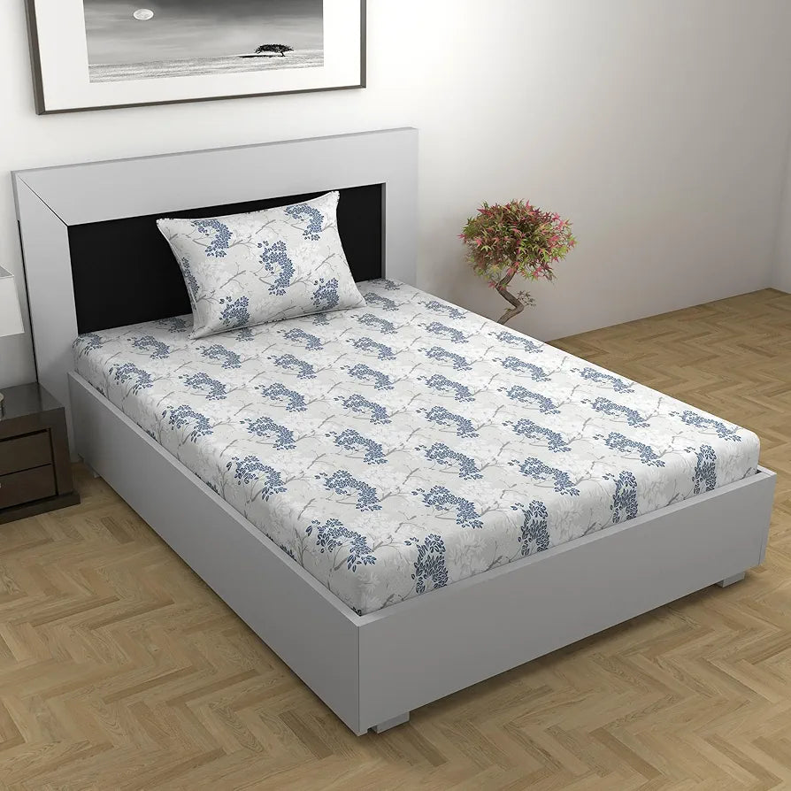 Divine Casa Bedsheet for Single Size Bed 144 TC Cotton Bedsheet for Single Size Bed with 1 Pillow Cover  Floral Colour Grey Blue