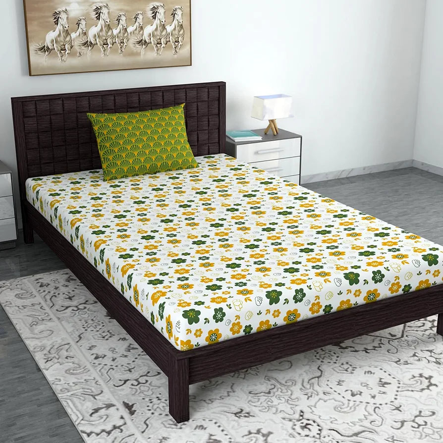 Divine Casa Bedsheet for Single Size Bed 144 TC Cotton Bedsheet for Single Size Bed with 1 Pillow Cover  Floral Mustard Colour Green