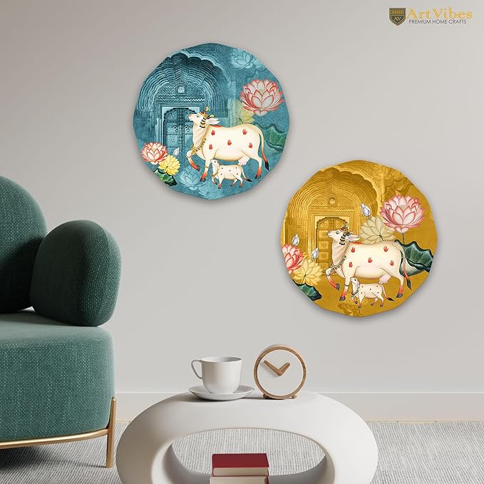 Artvibes Pichwai Round Shape Wooden Wall Hanging Decor | Decorative Hanging Items for Living Room