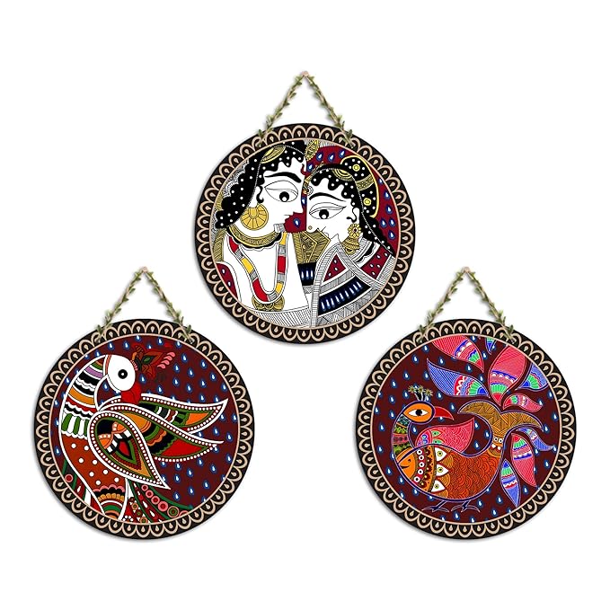 Artvibes Madhubani Art Wooden Wall Hanging Decoration Items for Home | Set of 3
