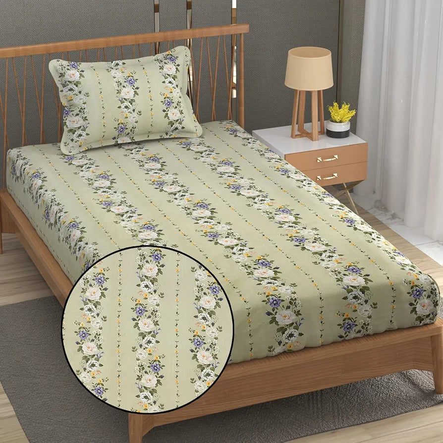 Fresh From Loom Soft Floral Print Microfiber Single Bed Bedsheet Set 240 TC 1 Pillow Covers Multicolor Pale-Leaf