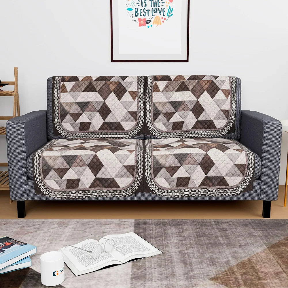 Kuber Industries Set of 4 Durable 2 Seater Sofa Cover Triangle Print White & Brown