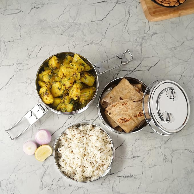 Sumeet Stainless Steel Small Size 3 Compartment Lunch Box/Tiffin 10Cm (1000 ml Silver)