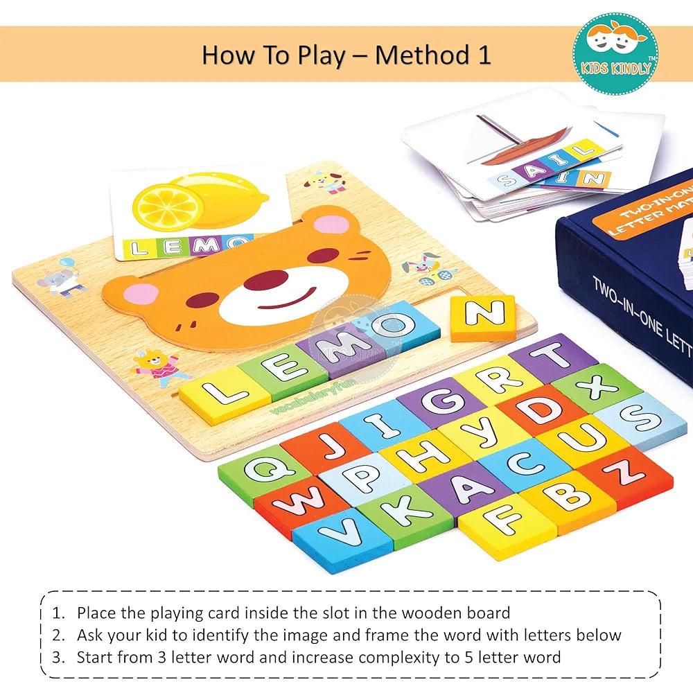 KIDS KINDLY Wooden 2 in 1 Spelling Puzzle Game for Kids Age 3+, Alphabet Learning Toy with Word Cards, Vocabulary Building and Matching Activity, Wooden Educational Games for 3 to 5 Years Boys & Girls