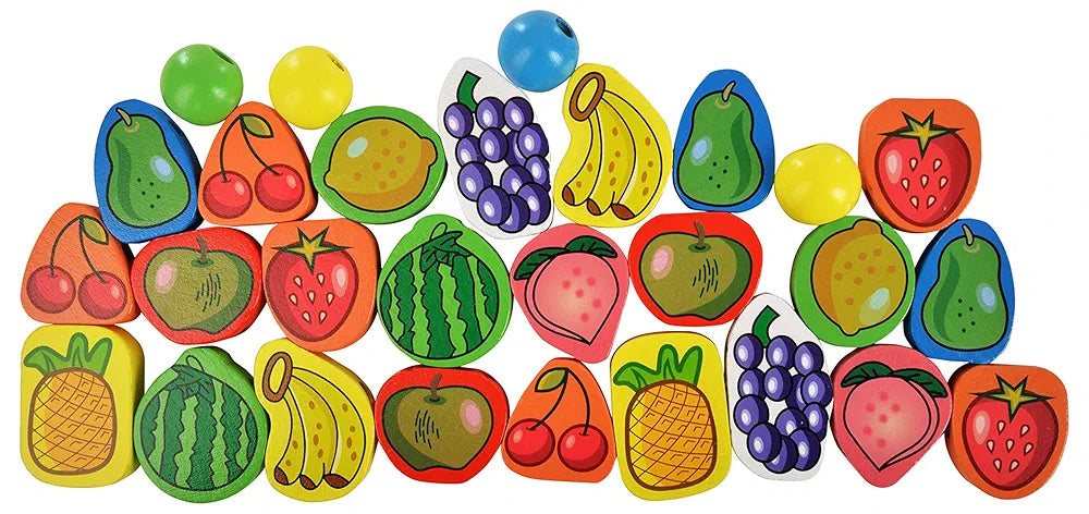 Trinkets & More Wood - 56 Piece Fruit Bead Game Lacing Toy Stringing Beading Game Early Educational Toys Kids 3+ Years, Multi-coloured