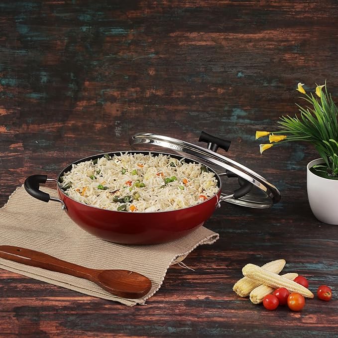 Vinod Popular Non Stick Kadai with Glass Lid 2 litres Capacity (22 cm Diameter), with Sturdy Riveted and Virgin Bakelite Handle