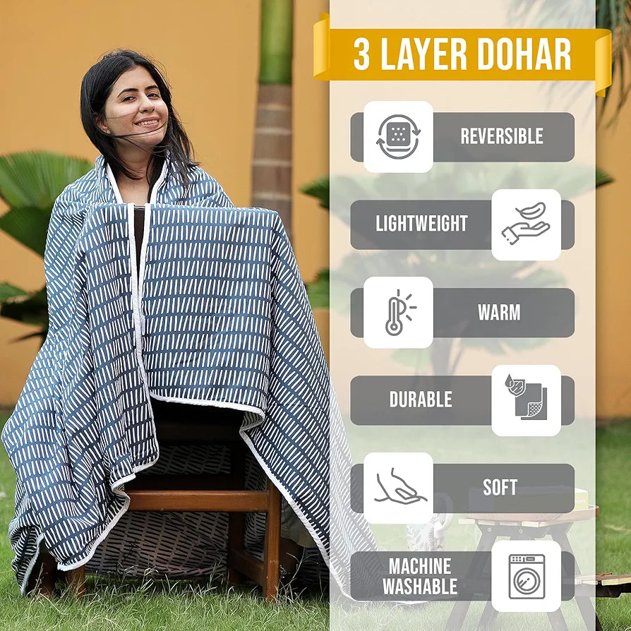 Divine Casa 120 GSM Microfiber Double Dohar Soft & Lightweight Throw Blanket Craggy Lines Pattern Colour Blue Mirage