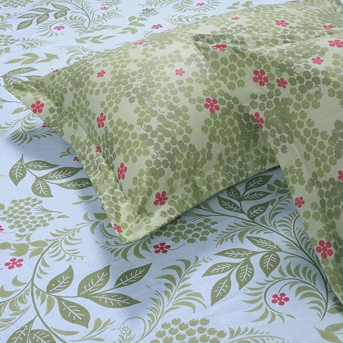 Huesland by Ahmedabad Cotton 144 TC King Size Bedsheet Cotton with 2 Pillow Covers | Botanical Bliss | White & Green