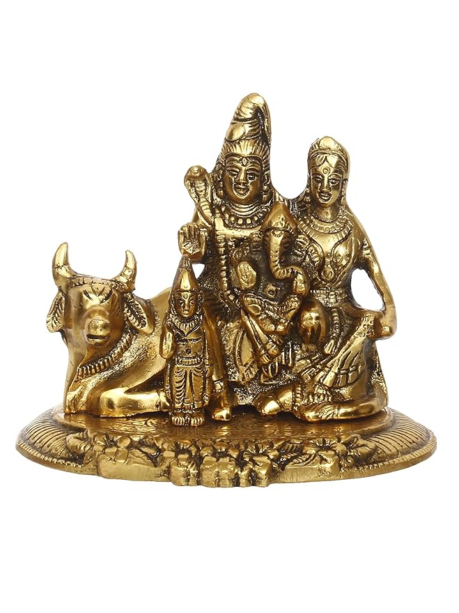 Ecraftindia Golden Metal Handcrafted Lord Shiva, Parvati, Kartik, and Ganesha Idol Sitting on Nandi Animal