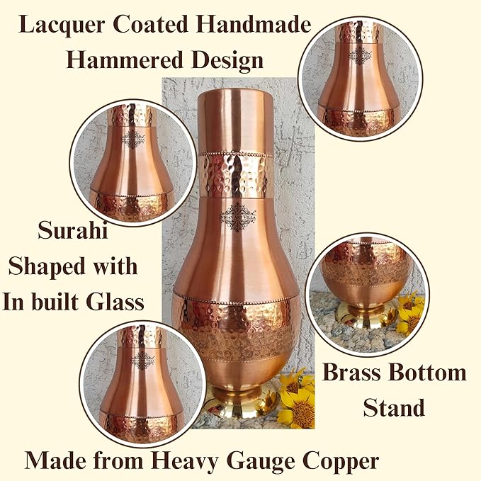 Indian Art Villa Pure Copper Bedroom Water Bottle With Inbuilt Glass Surahi Design With Brass Bottom