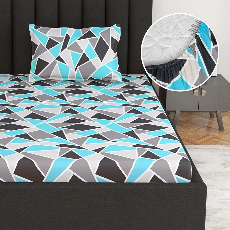Divine Casa 144 TC 100% Cotton Abstract Print Blue Ultra Soft Fitted Bedsheet Single Bed Elastic Fitted Bedsheets Single Bed Colour Crystal Teal