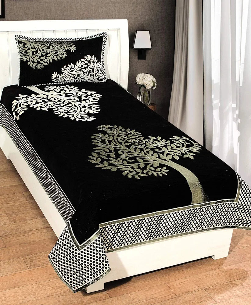 Fresh From Loom Floral Bedsheet Cum Bed Spread for Single Bed 500 Tc Chenille Premium Single Bedsheet Cum Bed Spread with 1 Pillow Cover Black