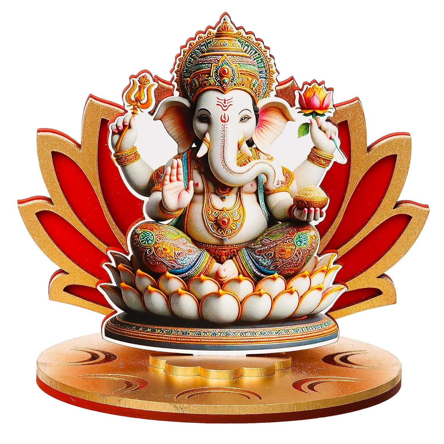 Ecraftindia Mdf Wooden Lord Ganesha Sitting on Lotus Flower Decorative Showpiece for Diwali