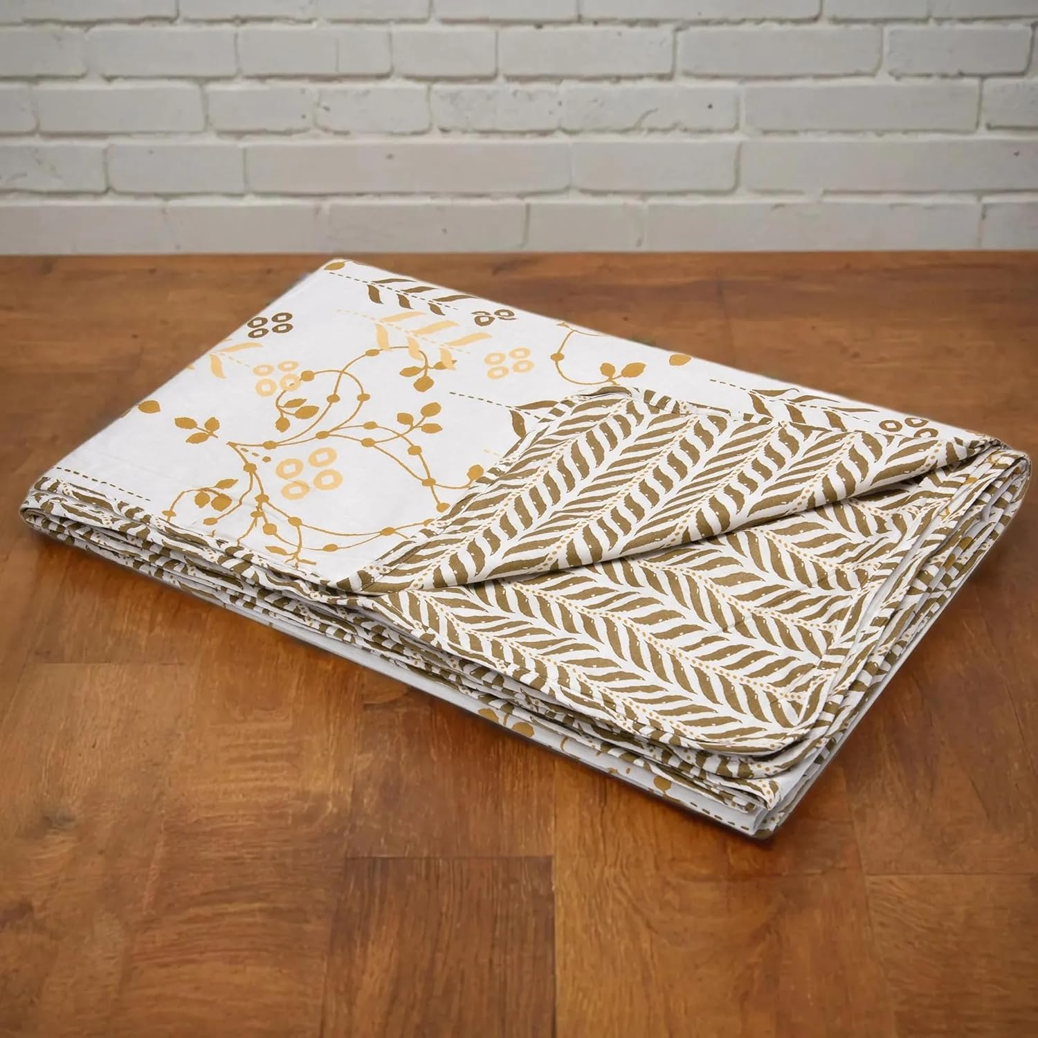 Huesland 100% Cotton Reversible Dohar Single Bed Cotton | Soft Cambric Weave, All Weather Light Ac Blanket | White, Moss Green & Mustard
