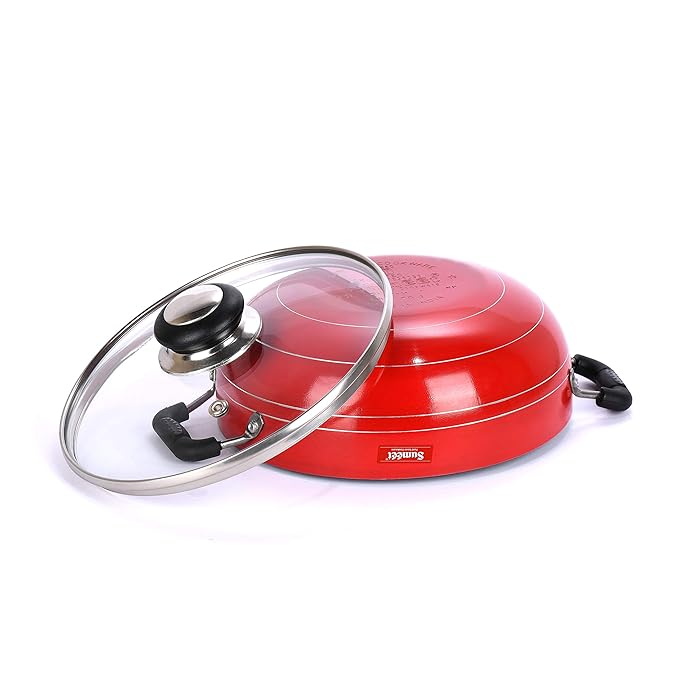 Sumeet 2.6mm Non Stick Glasso Deep Kadhai with Glass Lid1.5 Ltr - 20cm Dia (Red)