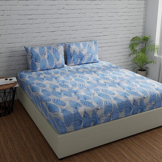 Huesland by Ahmedabad Cotton 144 TC Cotton Bedsheet for Double Bed King Size with 2 Pillow Covers | Blue & White