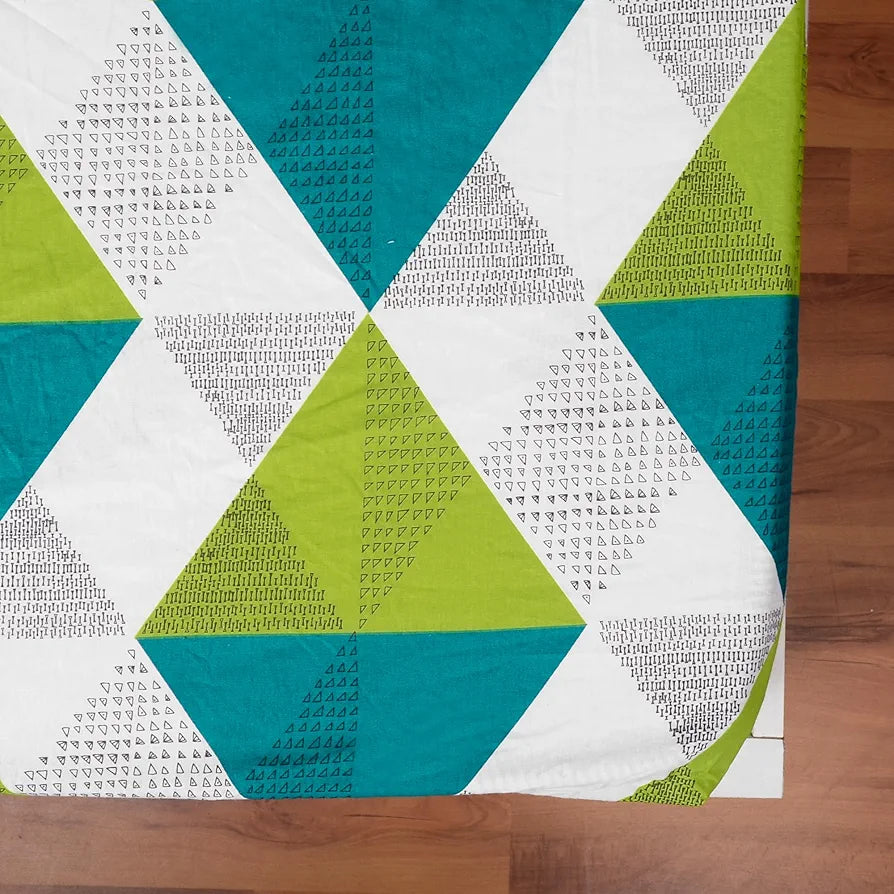 Divine Casa Green and Blue Abstarct Zig Zag Dual Print Pattern 120 TC Glace Cotton Elastic Fitted Printed Queen Size Double Bed Bedsheet with 2 Pillow Cover Love Bird