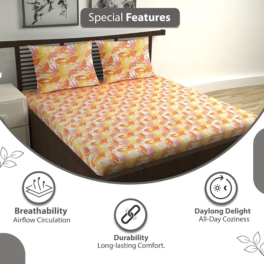 Divine Casa 144 TC 100% Pure Cotton Double Bedsheet with 2 Pillow Covers Floral Paisley Colour Mustard Orange