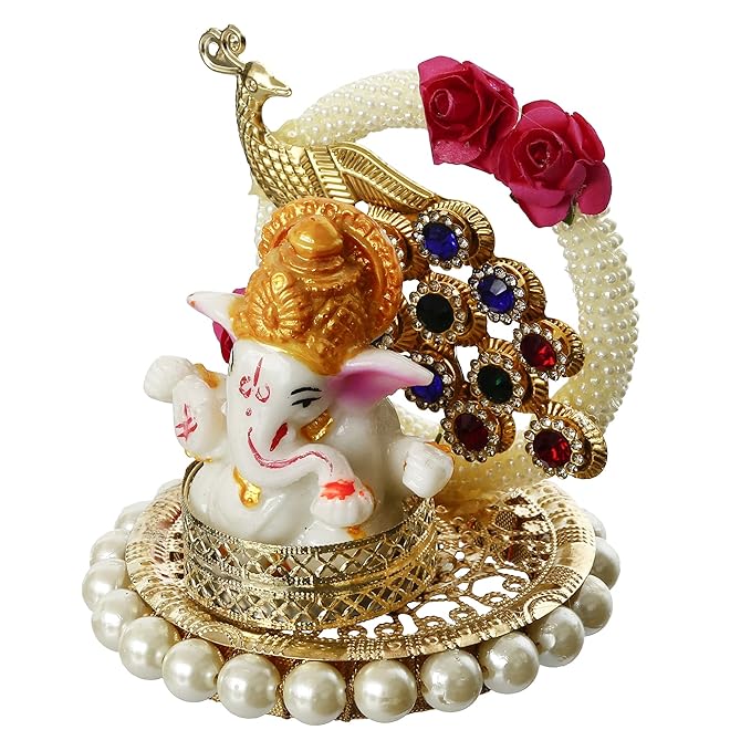Ecraftindia Resin Lord Ganesha Idol on Peacock Decorative Plate | Ganesha Idol for Home Decor