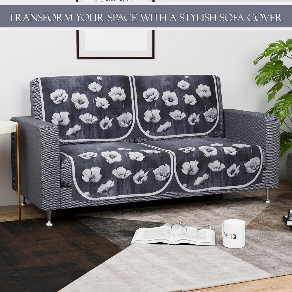 Kuber Industries Set of 6 Durable 2+1 Seater Sofa Covers Lotus Print Grey