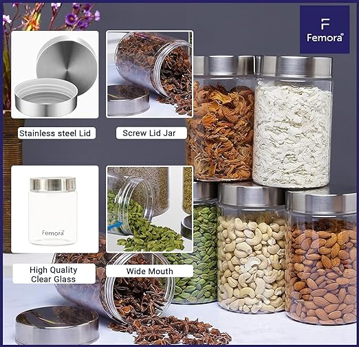 Femora Kitchen Storage Jars Borosilicate Glass With Steel Lid Air Tight Kitchen Jar and Container | 1100 Ml | Pack of 2