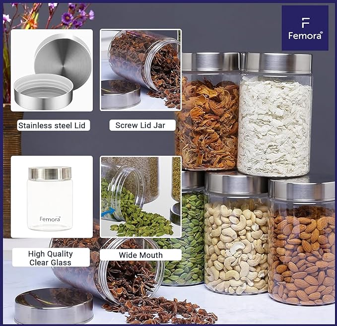 Femora Kitchen Storage Jars Borosilicate Glass With Steel Lid Air Tight Kitchen Jar and Container | 2200 Ml | Pack of 2