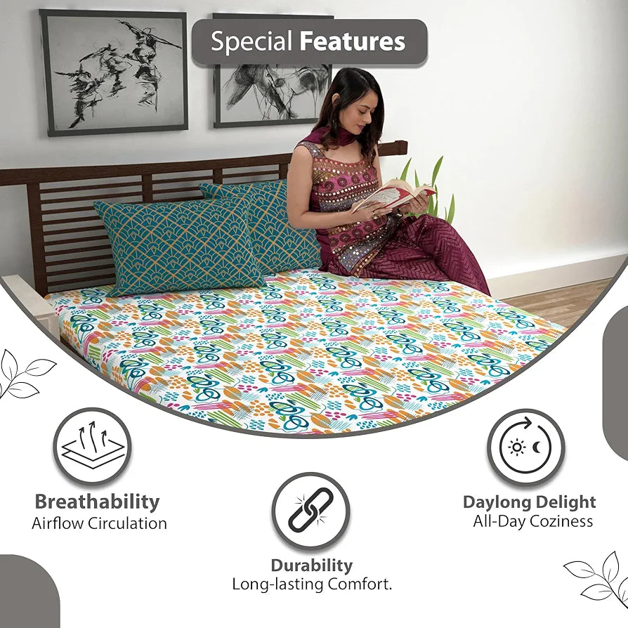 Divine Casa Bedsheet for Single Size Bed 144 TC Cotton Bedsheet for Single Size Bed with 1 Pillow Cover  Abstract Colour Teal & Mustard