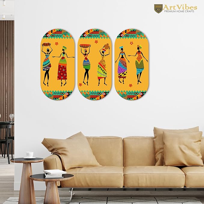 Artvibes African Warli Art Wooden Wall Hanging Decoration Items for Home | Set of 3
