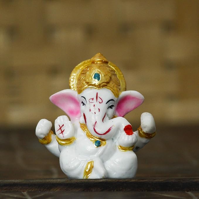 Ecraftindia White Resin Lord Ganesha Idol With Golden Mukut | Lord Ganesha Idol