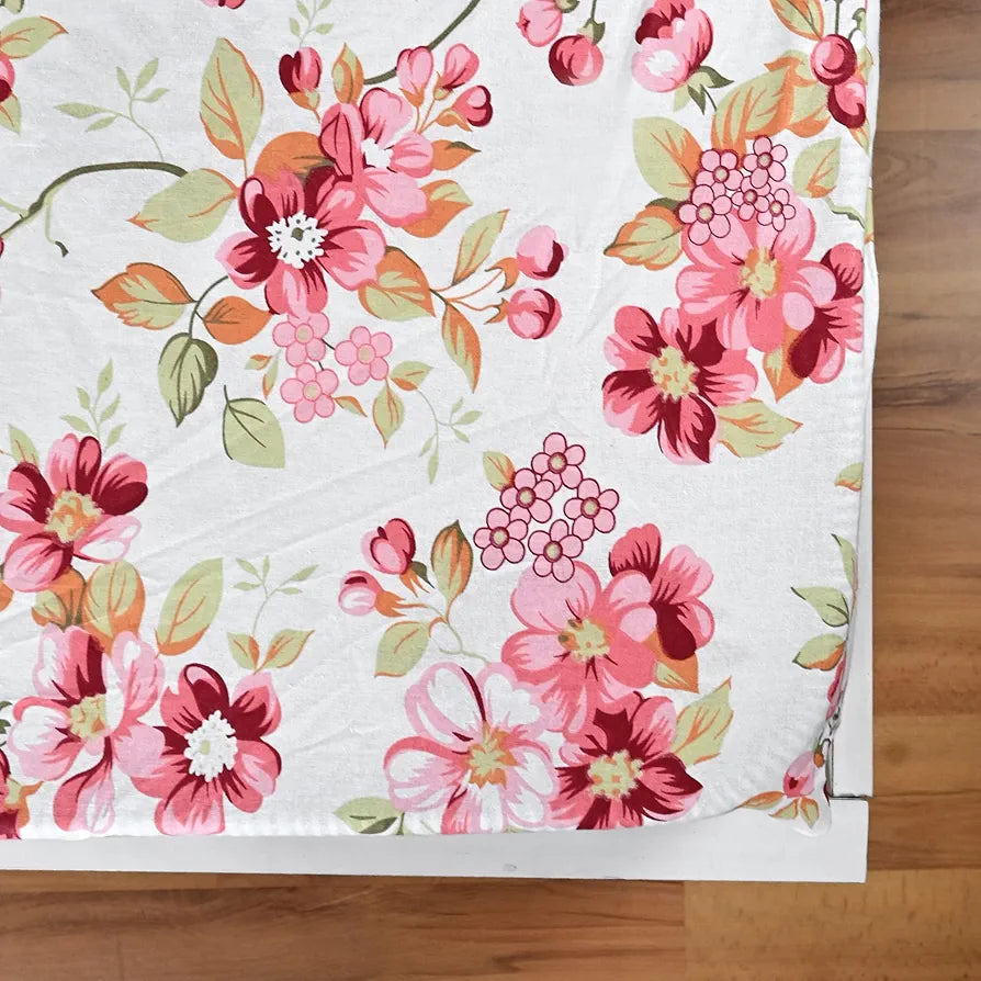 Divine Casa Floret 100% Cotton Double Fitted Bedsheet 144 TC Colour Rosy Retreat