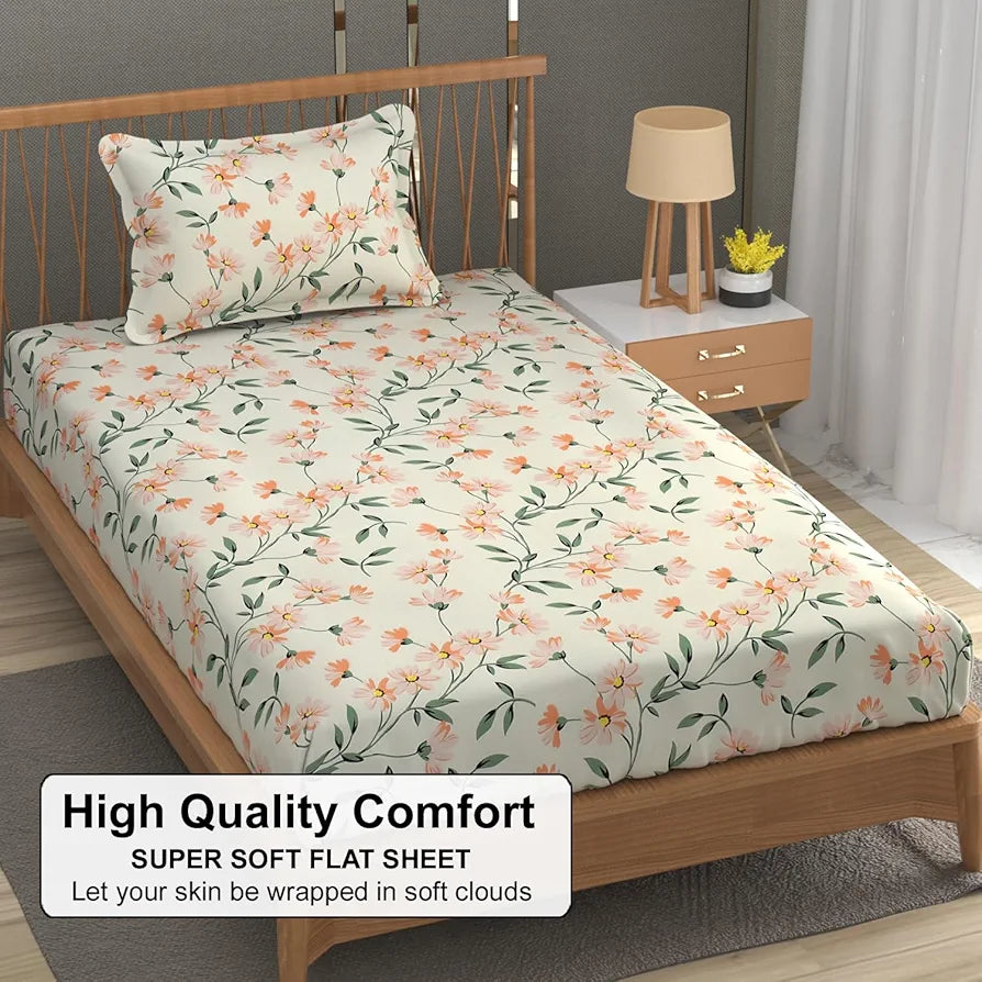 Fresh From Loom Single Bed Microfiber Floral Print Bedsheet 240 TC 1 Pillow Covers Barely-Peach