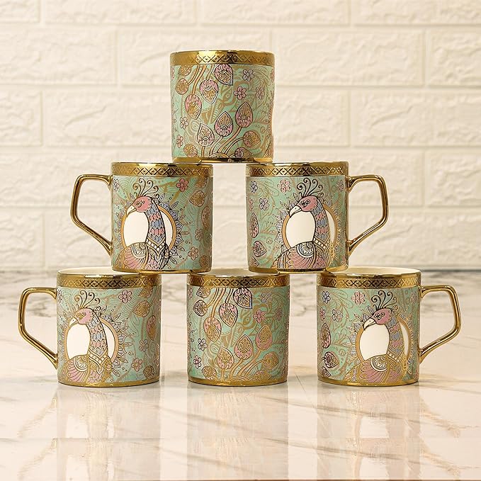 Femora Bone China Gloden Tea Cup | Crowned Peacock | 160 Ml | 6 Pieces | Brown
