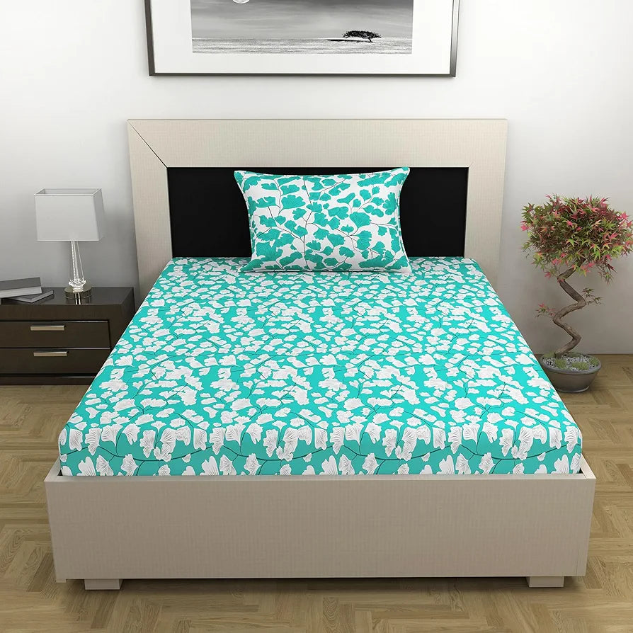 Divine Casa 144 TC Cotton Bedsheet for Single Bed with 1 Pillow Cover Colour Teal & White
