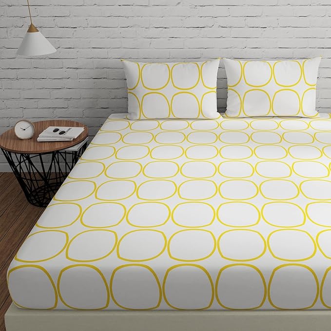 Huesland by Ahmedabad Cotton 144 TC Cotton Bedsheets for King Size Bed with 2 Pillow Covers | White (Yellow Circles)