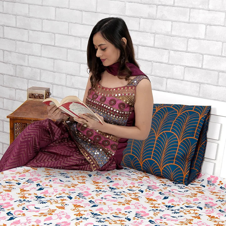 Divine Casa Double Size Bedsheet for Double Bed 144 TC Pure Cotton Queen Size with 2 Pillow Covers Floral Colour Peach Blue