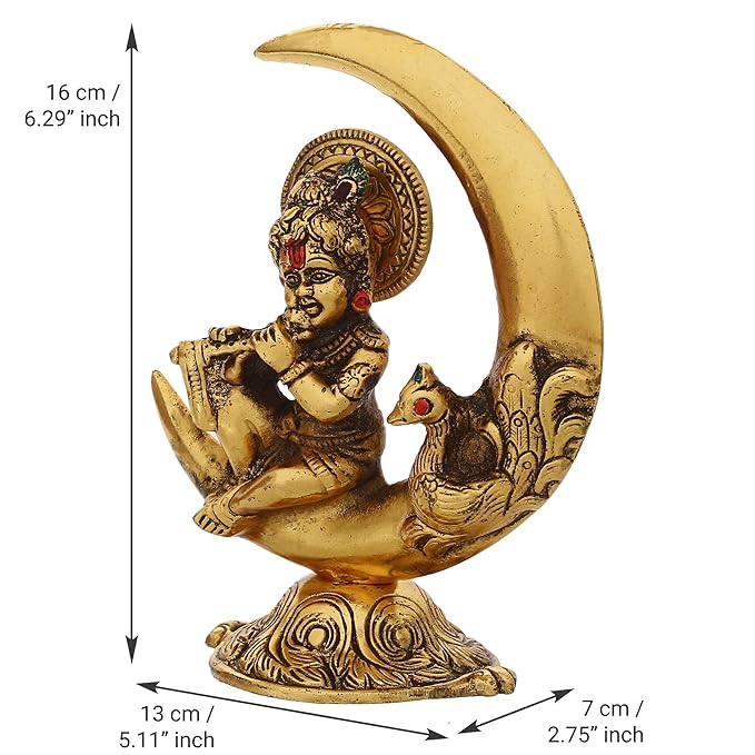 Ecraftindia Golden Metal Handcrafted Lord Krishna Idol Playing Flute and Sitting on Half Moon Decorative Showpiece