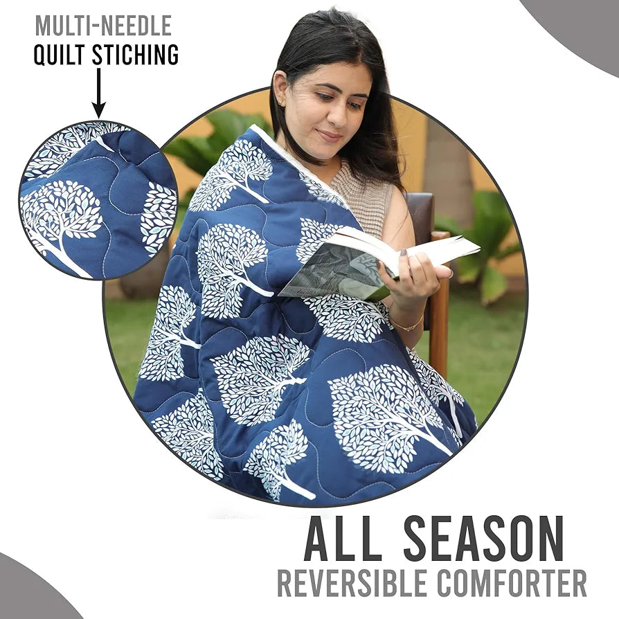 Divine Casa Reversible Double Bed Comforter 120 GSM Microfibre AC Blanket Floral Colour Clematis Blue