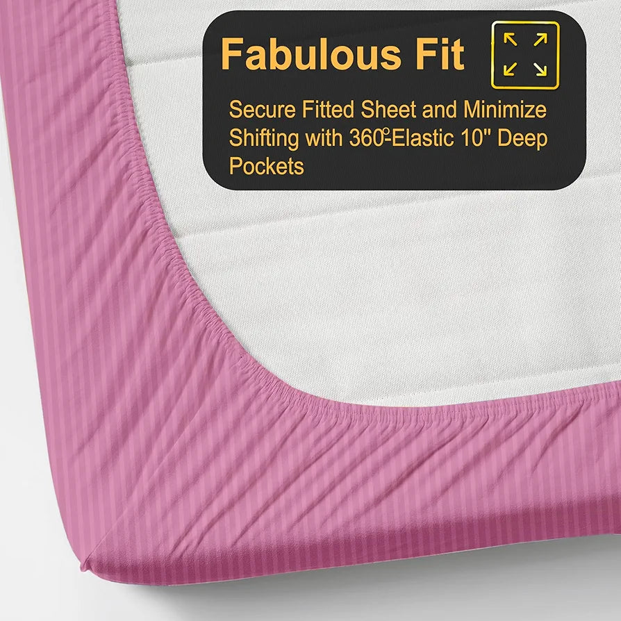 Fresh From Loom 240 TC Satin Striped Elastic Fitted Bed Sheets Bed Covers King Size Bed with Two Pillow Cover Pink