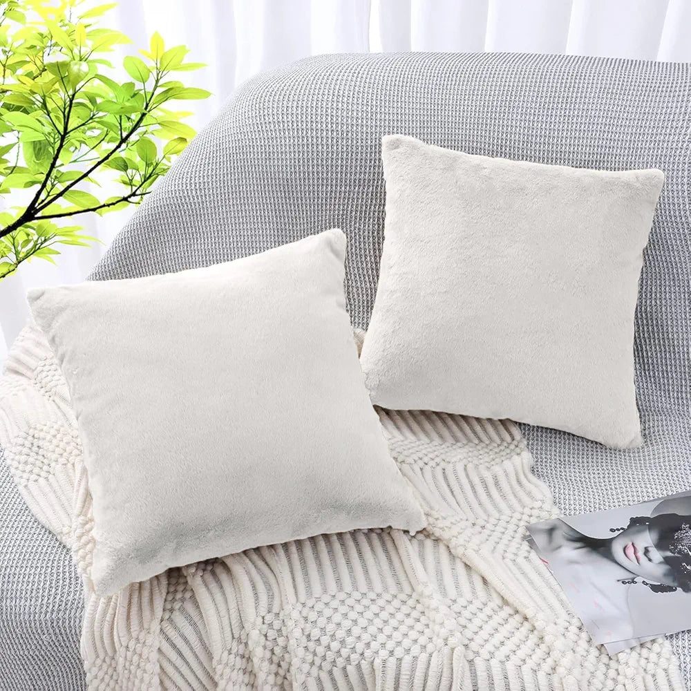 Luxe Home Cushion Cover Duble Side Rabbit Fur Plain Design Covers Set of 2 for Sofa Colour White
